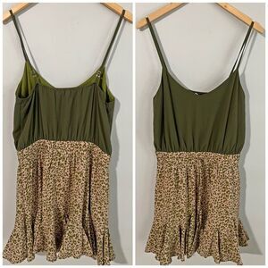 Perfectly Priscilla Olive Blush Leopard Ruffle Hem Dress Empire Waist L